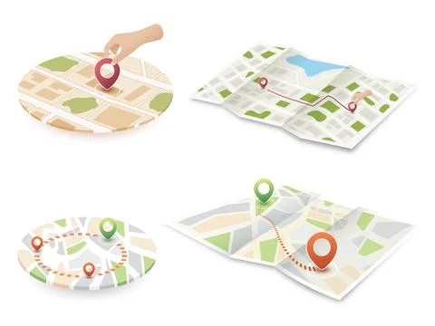 Isometric Vector Map Navigation Collection Showing Location Pinning Route Stock Illustration