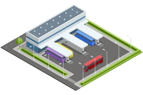 Isometric vector of a modern bus station with parking lanes, colored buses, and Stock Illustration