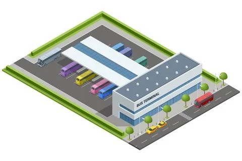 Isometric vector of a modern bus terminal labeled Bus Terminal with buses parked Stock Illustration