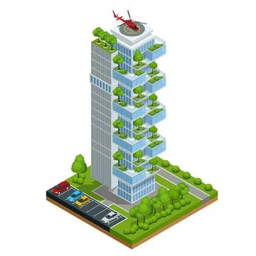 Isometric vector Modern ecologic skyscraper with many trees on every balcony Stock Illustration