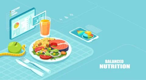 Isometric vector of a nutrition app showing nutrition facts and assisting in  Stock Illustration