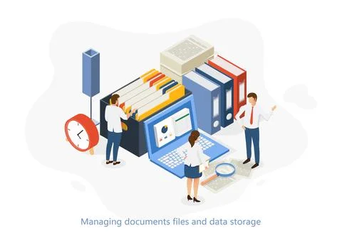 Isometric vector of office employees managing paper documents, file folders.. Stock Illustration