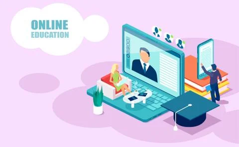 Isometric vector of people students learning receiving college degrees using  Stock Illustration