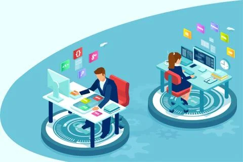 Isometric vector of a programmers software engineers coding on computers Stock Illustration