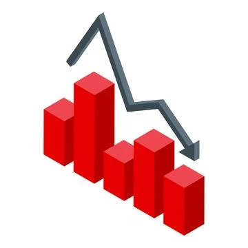 Isometric vector of a red bar graph showing a downward trend with a grey arrow Stock Illustration