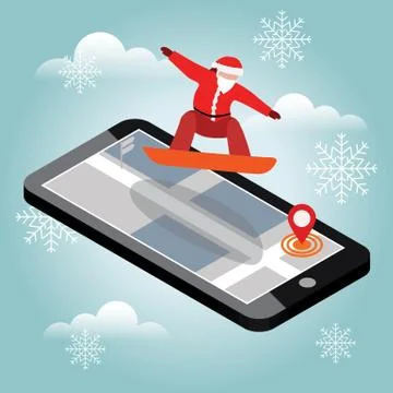 Isometric vector Santa Claus has boarding in city. Christmas and New Year are Stock Illustration