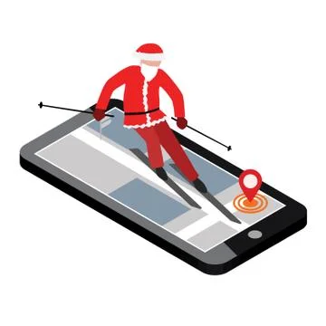 Isometric vector Santa Claus has boarding in city. Christmas and New Year are Ilustração Stock