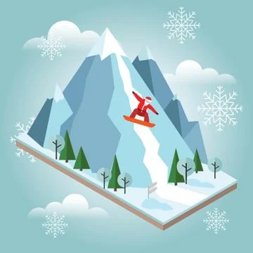 Isometric vector Santa Claus pulls off the mountain. Christmas and New Year are Stock Illustration