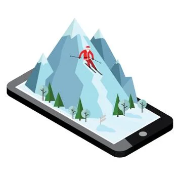 Isometric vector Santa Claus pulls off the mountain. Alpine skiing, winter sport Stock Illustration