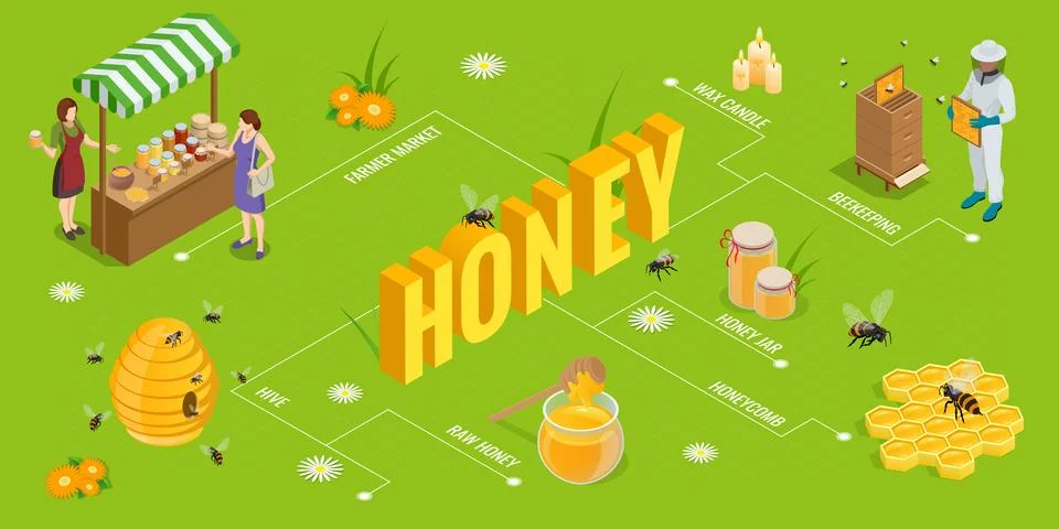 An isometric vector scene with a beekeeper inspecting a hive, honey jars on Stock Illustration