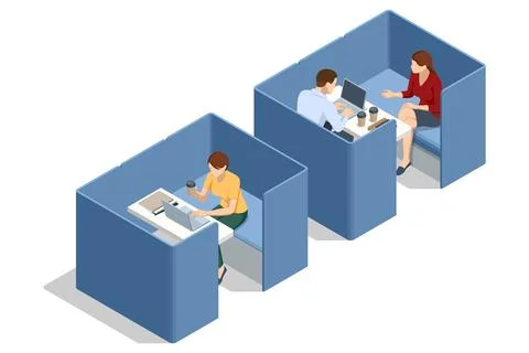 Isometric vector scene of two private coworking booths one with a focused solo Stock Illustration