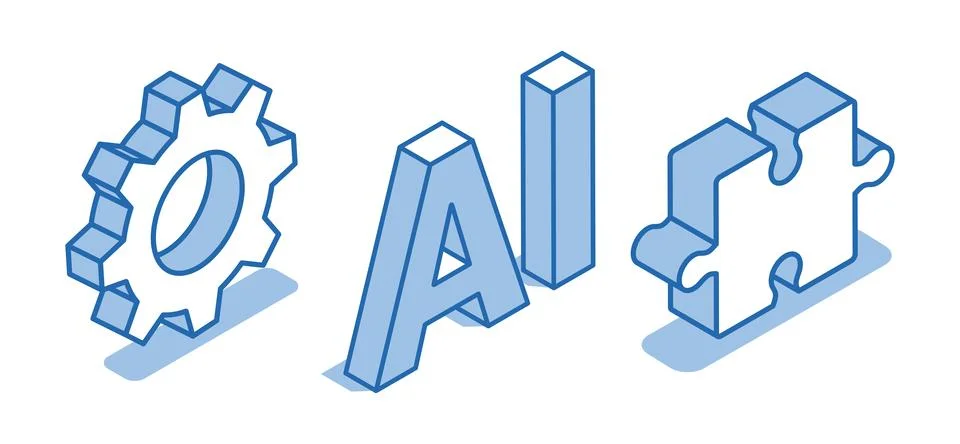 Isometric vector set of AI icons near gear and puzzle piece on white backgrou Stock-Illustration