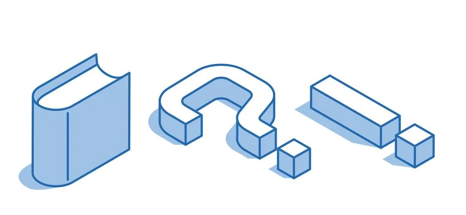 Isometric vector set of book icon next to question and exclamation mark on wh Stock Illustration