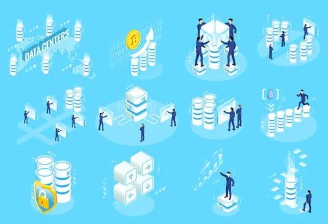 Isometric vector set of business men working with server systems on a blue ba Illustrazione stock