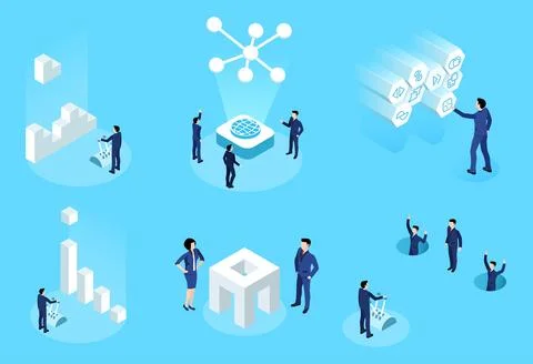 Isometric vector set of business people in a virtual environment on a blue ba イラスト素材