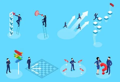 Isometric vector set of business people in a competitive environment on a blu Stock Illustration