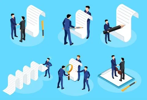 Isometric vector set of business people signing an agreement and shaking hand Stock Illustration