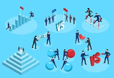 Isometric vector set of business people competing with each other on a blue b Stock Illustration