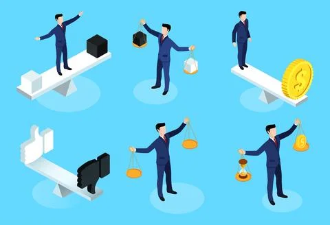 Isometric vector set of businessman and scales on blue background, comparison Stock Illustration