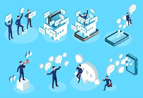 Isometric vector set of businessman and smartphone messages on blue backgroun Stock Illustration