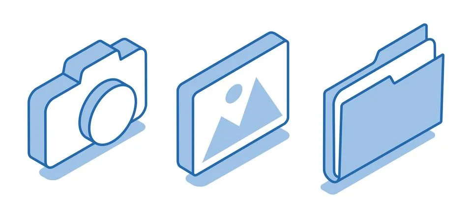 Isometric vector set of camera icons next to folder and image icon isolated o 스톡 일러스트