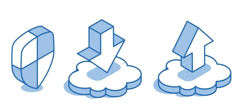Isometric vector set of cloud icons with up and down arrows and shield in lin Stock Illustration