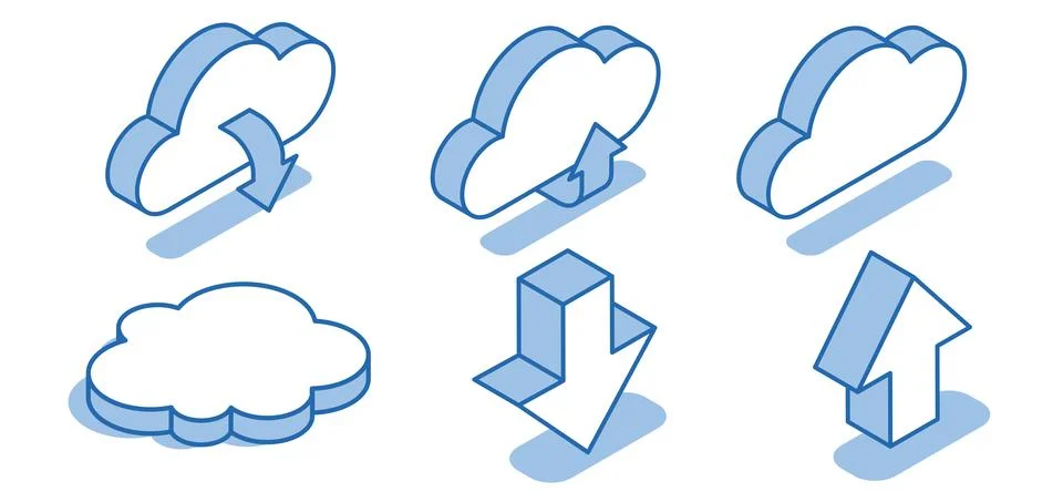 Isometric vector set of clouds and arrows on a white background, downloading  イラスト素材