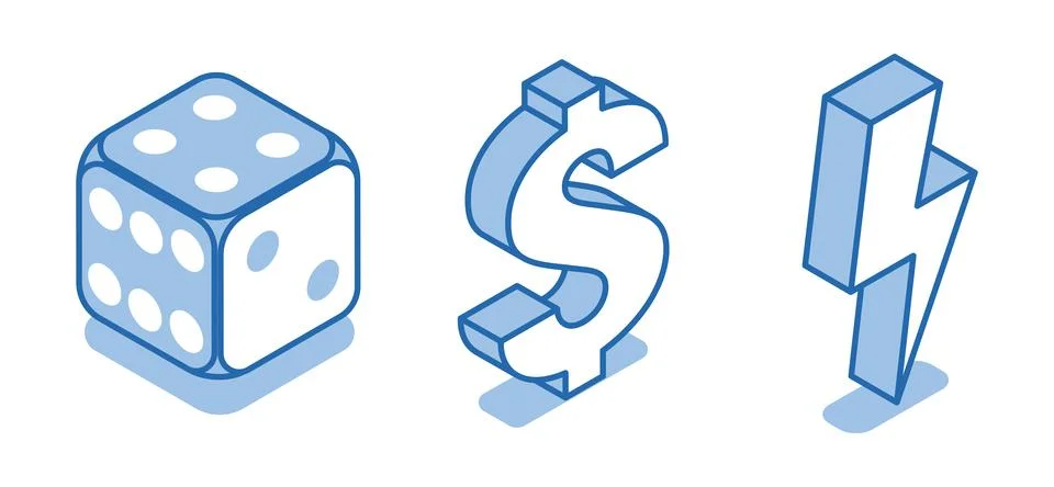 Isometric vector set of dice icons next to a dollar sign and lightning bolt o Stock Illustration