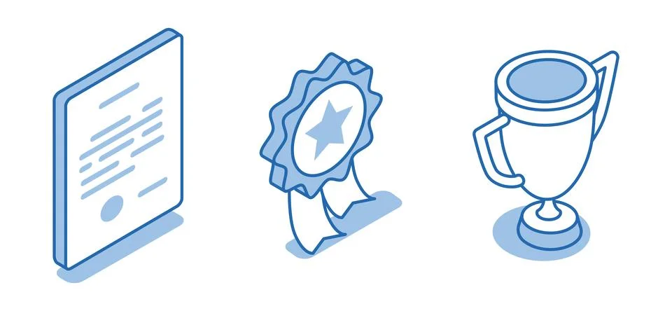 Isometric vector set of diploma and trophy icons on white background, awards  Stock Illustration