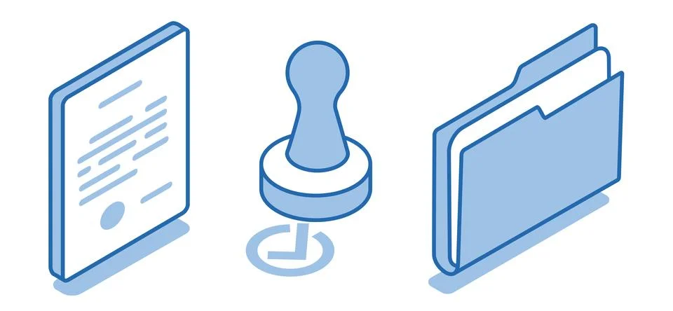 Isometric vector set of document icons next to a seal and a folder on a white Stock Illustration