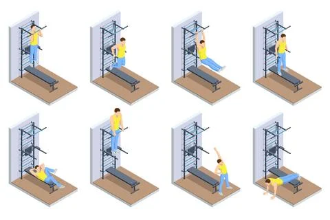 Isometric vector set of exercises pull-ups, dips, leg raises, crunches, muscle イラスト素材
