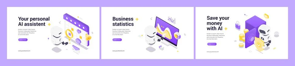 Isometric vector set featuring AI robots for personal task management, busine Stock Illustration