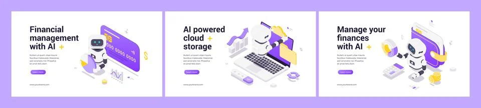 Isometric vector set featuring AI robots managing finances with banking, clou Illustrazione stock