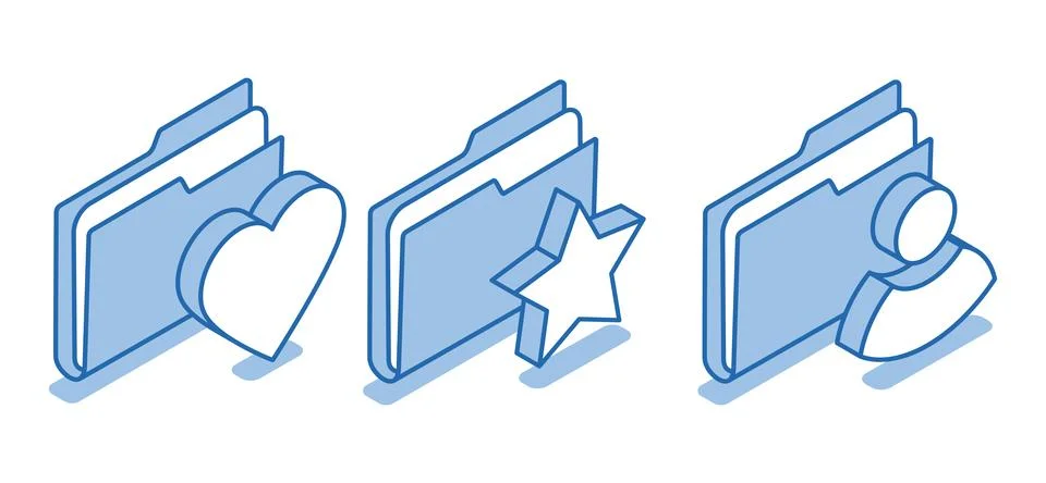 Isometric vector set of folder icons with heart, star and person isolated on  스톡 일러스트