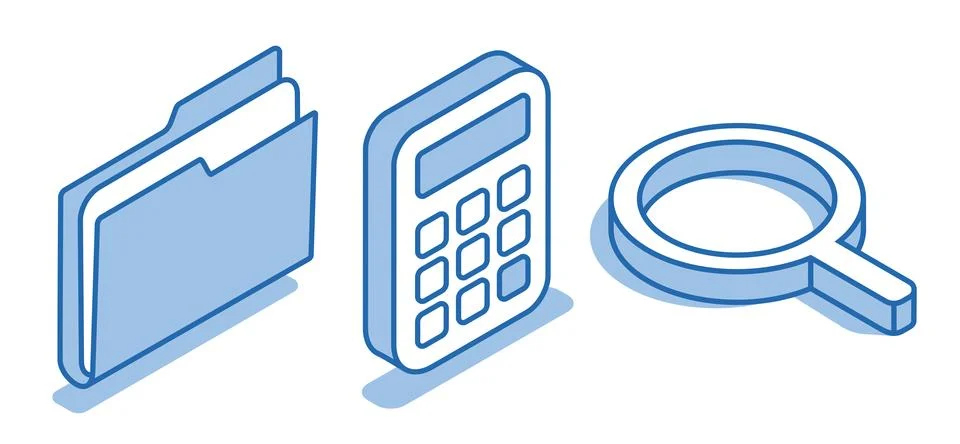 Isometric vector set of folder icons next to calculator and magnifying glass  스톡 일러스트