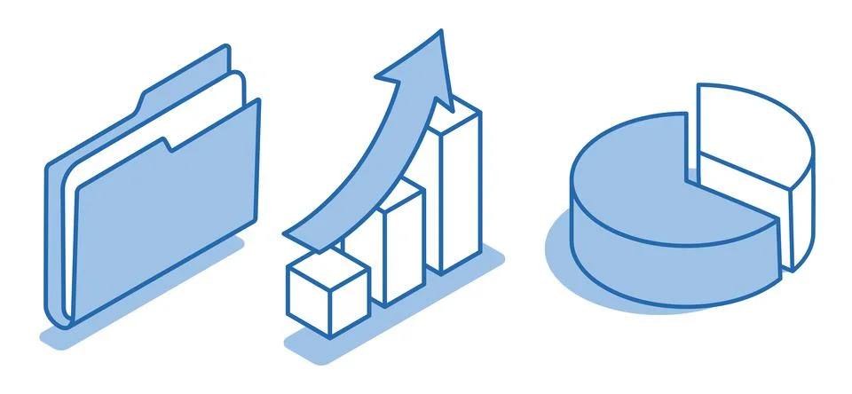 Isometric vector set of folder icons next to a chart and an arrow in a linear Stock Illustration