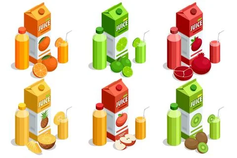 Isometric vector set of fruit juice carton box and bottle. Collection include Stock Illustration