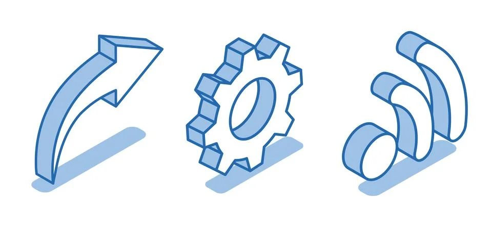 Isometric vector set of gear icon next to signal and arrow on white backgroun Stock Illustration