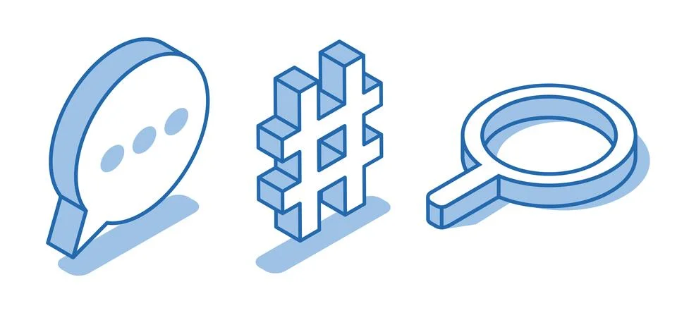 Isometric vector set of hash mark icons near magnifying glass and text bubble 库存插图
