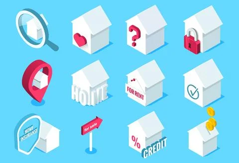 Isometric vector set of houses with a magnifying glass and a location icon on Stockillustratie