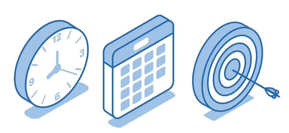 Isometric vector set of icons of a calendar with a clock and a target with an Stock Illustration
