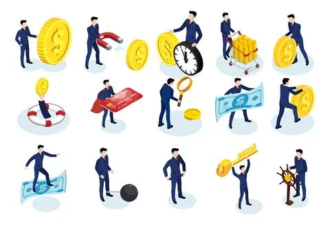 Isometric vector set of illustrations with business men and coins with dollar Stock Illustration
