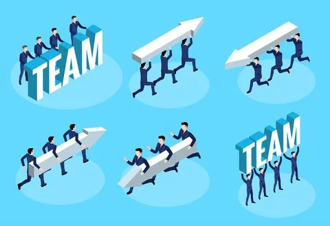 Isometric vector set of illustrations with business men with an arrow and the Stock Illustration