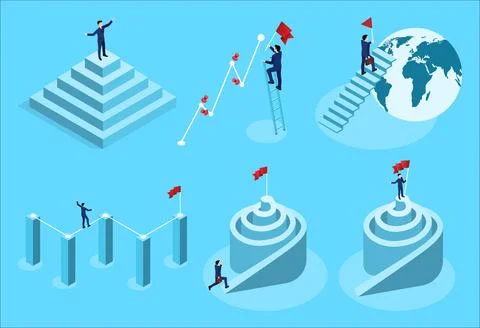 Isometric vector set of illustrations with a businessman and pyramid tops on  Stock Illustration