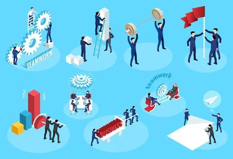 Isometric vector set of illustrations on the theme of teamwork on a blue back Stock Illustration