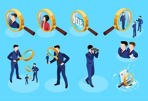 Isometric vector set of illustrations on the topic of personnel search on a b 库存插图