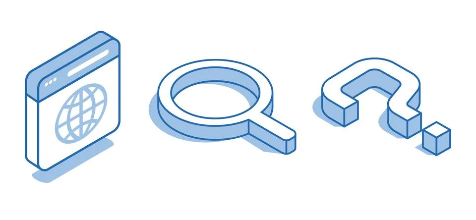 Isometric vector set of linear icons of a magnifying glass next to an interne Illustrazione stock