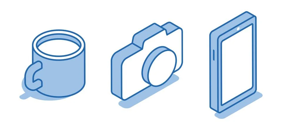 Isometric vector set of linear icons of a photo camera next to a smartphone a Stock Illustration