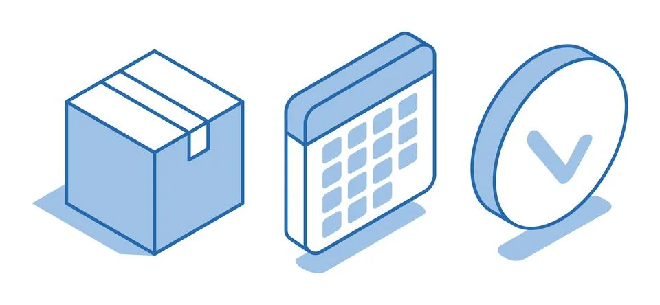 Isometric vector set of linear icons of a calendar next to a box and a check  Stock Illustration