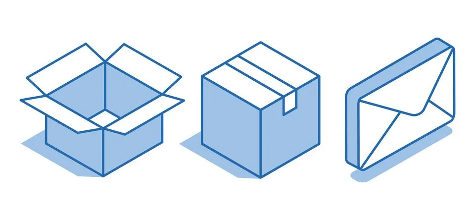 Isometric vector set of linear icons box and envelope on white background, po Illustration
